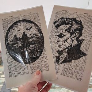 Sinister Vampire Portrait Vtg Dictionary Page Decor Gothic Wall Aesthetic Pair